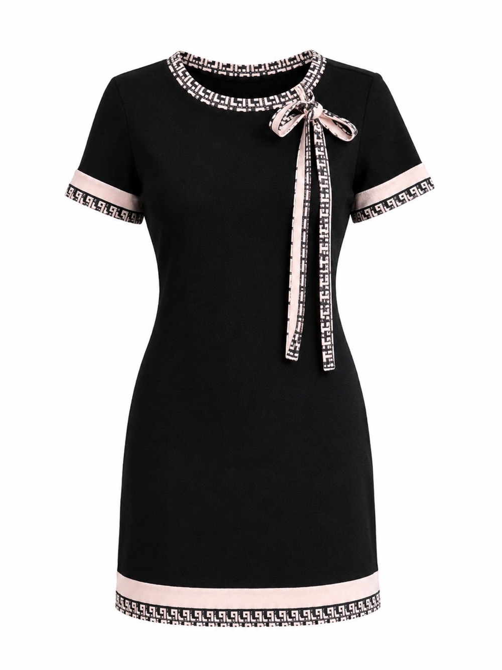Black Short-Sleeve Shift Dress with Pink Trim and Bow